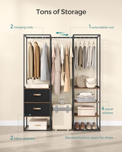 SONGMICS Clothes Rack, 70.9 Inch Wardrobe Freestanding Closet, Heavy Duty Garment Rack with 1 Extendable Hanging Rod, 2 Drawers and 4 Shelves, for Bedroom, Space-Saving, Rustic Brown URGR003B01 | Heavy Duty Garment Rack, 3 Hanging Rods, Space-Saving, for