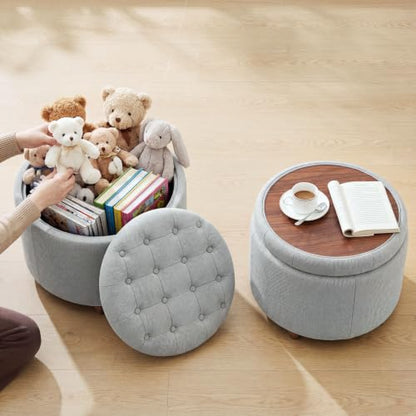 25" Round Ottoman with Storage, Small Coffee Table with Reversible Tray Lid | Tufted Fabric Round Storage Ottoman with Solid Wood Legs, 3-in-1 Footrest for Living Room, Bedroom, Entryway, Gray - color: Grey
