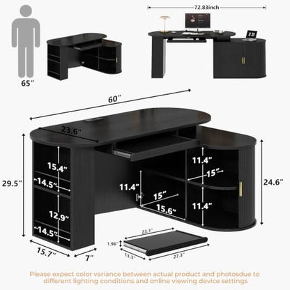 HSH Black L Shaped Office Desk with Storage Cabinet for Home Oak 60 Inch | Executive Woood Fluted Computer Desk with Keyboard Tray and Open Shelves Modern Reversible Mcm Large Swivel Table - color: Black Oak
