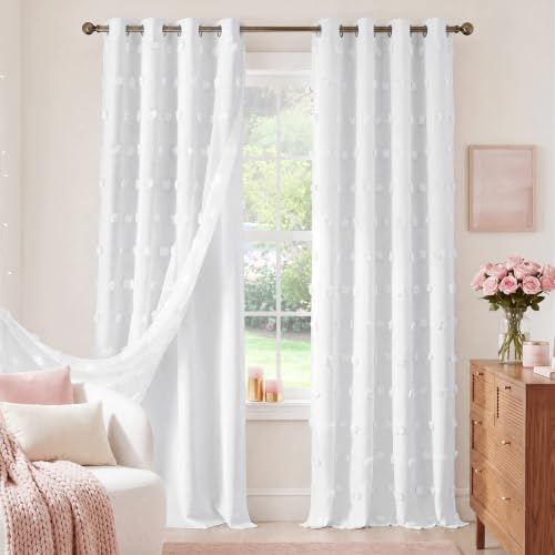 NICETOWN 100% Blackout Pure White Pom Pom Curtains, Double Layer Sheer Drapes for Nursery & Kids Room, Thermal Insulated Room Darkening Window Treatment, 52 x 96 Inch, 2 Panels - color: Pure White, size: 52"W x 96"L (Pack of 2)