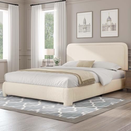 BarnFurin Queen Bed Frame, Cloud Boucle Headboard, Rounded Corners, Cream | Soft boucle and rounded edges create a low-profile cloud look. Wooden slats support the mattress without a box spring - color: Cream, size: Queen