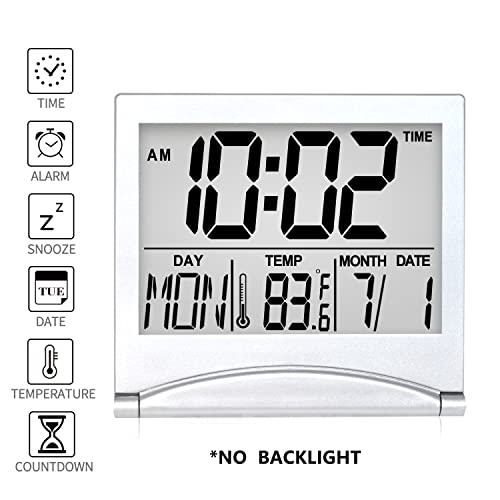 Betus Digital Travel Alarm Clock - Foldable Calendar Temperature Timer LCD Clock with Snooze Mode - Large Number Display, Battery Operated - Compact Desk Clock for All Ages (Silver Pack of 2) - color: Silver Pack of 2