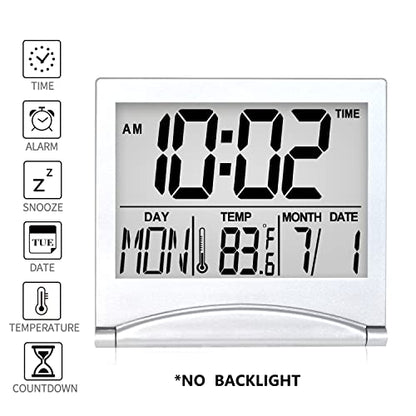Betus Digital Travel Alarm Clock - Foldable Calendar Temperature Timer LCD Clock with Snooze Mode - Large Number Display, Battery Operated - Compact Desk Clock for All Ages (Silver Pack of 2) - color: Silver Pack of 2