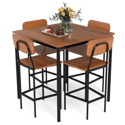 NAFORT Modern Counter Height Dining Table Set for 4, 5-Piece Pub Style Kitchen Table and Stools, Space-Saving Square Bar Table with 4 Backrest Chairs for Kitchen, Apartment & Dining Room - color: Walnut