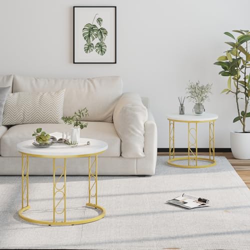 Coffee Table Faux Marble Nesting Table for Small Place 2 Sets Modern Furniture Living Room Sets End Side Table Night Stand for Bed Room Dining Room (White & Gold) - color: White and Gold