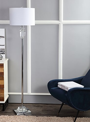 JONATHAN Y Aria 63" Faceted Crystal Metal LED Floor Lamp, Clear/Chrome | Contemporary Glam Style, White Linen Drum Shade, Rotary Switch, 72" Silk Cord, Bulb Included, For Living Room