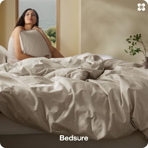 Bedsure PureWoven 100% Cotton Slub Weave Duvet Cover Set, Full Set, 3-PC | Luxury Linen-Like Textured Bedding Set, Double-Stitched, Easy to Change, Zipper Closure, Slub Tannish Linen Grey, 80" X 90" - color: 33 - Slub Tannish Linen Grey (No Comforter), si