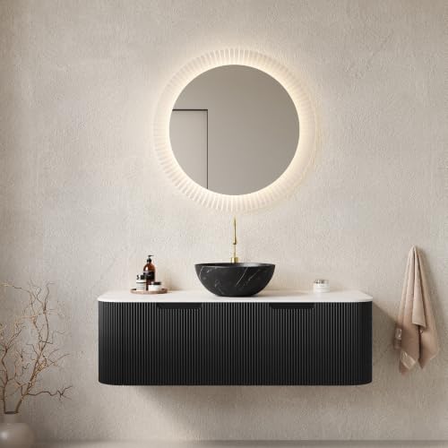 48" Floating Bathroom Vanity with Sink, Wall Mounted Plywood Cabinet, Black Fluted Front, Sintered Stone Countertop, Black Marble-Look Ceramic Bowl Vessel Sink, Soft-Close Drawer, Pre-Assembled - color: Black Cabinet / Black Marble Bowl Sink, size: 48 Inc