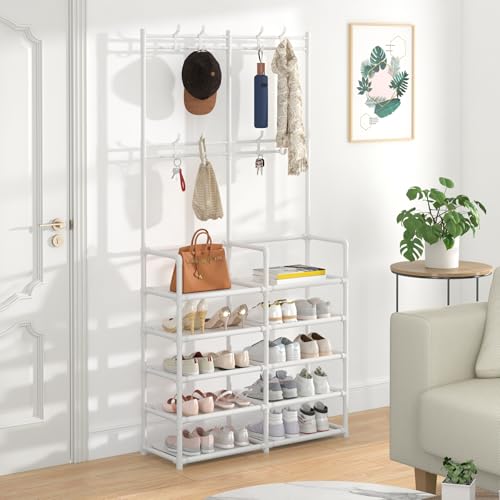 Laiensia 5-Tier Entryway Coat Rack, Coat and Shoe Rack, Entryway Bench Storage Organizer with 8 Hooks for Bedroom, Hallway, Office, White - color: White