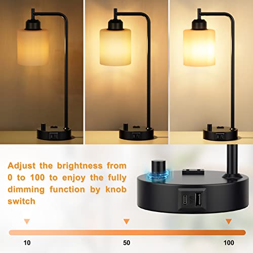 Industrial Bedroom Table Lamps for Bedside - White Opal Glass Shade Desk Lamps with USB C Port, Fully Dimmable Black Lamps with USB Port and Outlet, Reading Nightstand Lamp for Office Living Room - color: Opal