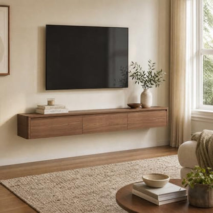 67.32" Floating TV Stand for TVs Up to 80", Walnut | Wall-Mounted Farmhouse Media Console with 3 Storage Drawers, Ideal for Living Room or Bedroom