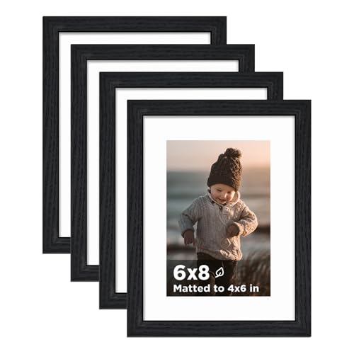 6x8 Picture Frame Black Wood Set of 4, Wooden Photo Frame Matted 4x6 with Plexiglass for 4x6 with Mat or 6x8 without Mat for Table and Wall Display - color: Black Wood, size: 6x8