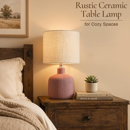 Ceramic Table Lamp, 17.75" Rustic Farmhouse Bedside Lamp with Beige Linen Shade, Warm Ambient Nightstand Lighting for Bedroom or Living Room, Painted Terra - color: Terracotta
