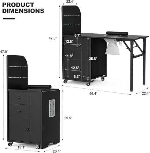 Foldable Nail Desk Manicure Table, Folding Nail Table Station for Nail Tech w/Dust Collector, 2 Open Shelves & 2 Drawers, Foldable Manicure Desk w/Wrist Cushion, Lockable Wheels - color: Black2