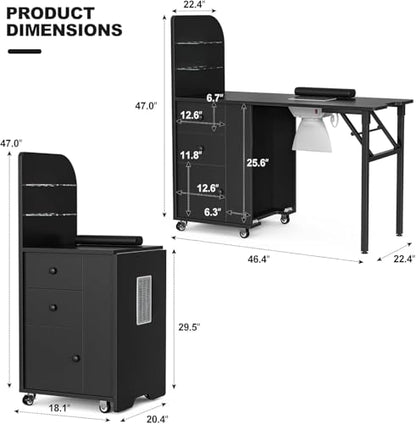 Foldable Nail Desk Manicure Table, Folding Nail Table Station for Nail Tech w/Dust Collector, 2 Open Shelves & 2 Drawers, Foldable Manicure Desk w/Wrist Cushion, Lockable Wheels - color: Black2