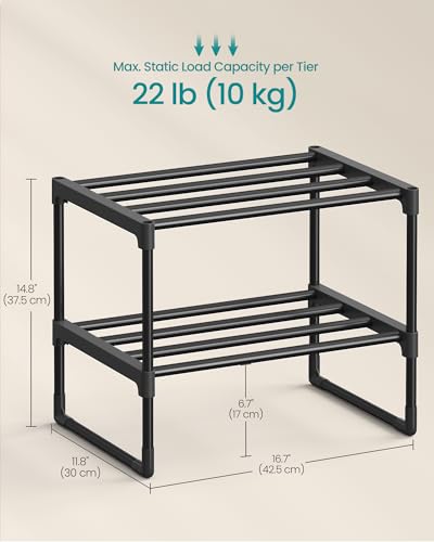 SONGMICS 신발장, 2단 신발 정리함, 금속 보관 선반, 수직 또는 거꾸로, 3-6쌍, 쌓을 수 있음, 입구용, 29.5 x 41.9 x 36.8cm(11.8 x 16.7 x 14.8인치), 블랙 ULSA002B01 - color: 블랙., size: 2 Tiers (16.7"W)