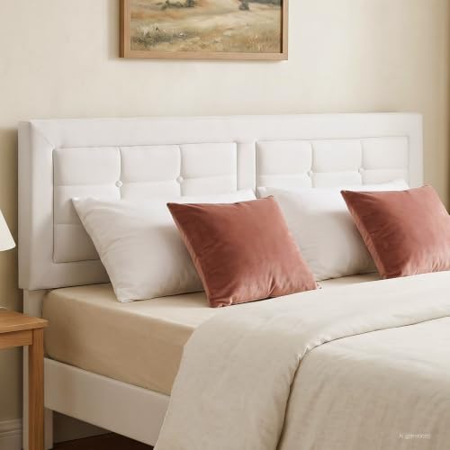 VECELO Queen Size Bed Frame, Adjustable Upholstered Button Tufted Headboard, Heavy-Duty Bedframe with Wood Slats Support, No Box Spring Needed, Linen & White - color: Linen & White, size: Queen, style: Bed Frame