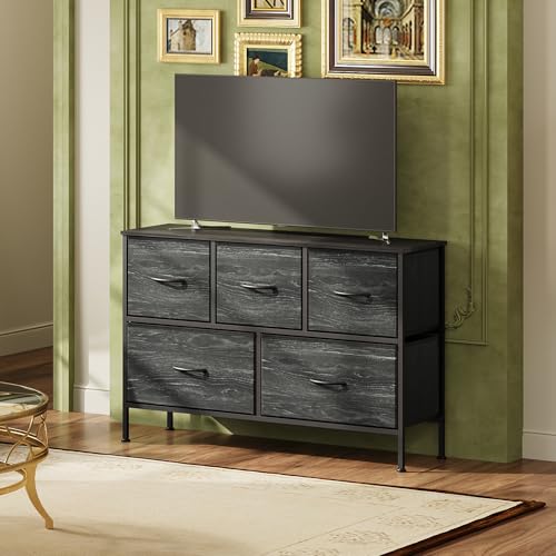 WLIVE 5 Drawer Dresser for Bedroom, Wide Chest of Drawers, Black Wood Grain | 5 roomy fabric drawers, Wide low-profile design, Bedroom or closet use, Sturdy steel frame, Smooth wood tabletop - color: Charcoal Black Wood Grain Print, size: 11.73"D x 39.37"
