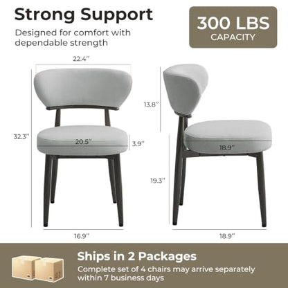 Dining Chairs Set of 4, Modern Upholstered Fabric Dining Chairs | Thick Padded Seat, Textured Fabric, Curved Back, Metal Frame, Dining Room, Kitchen, Breakfast Nook, Restaurant, Soft Gray - color: Soft Gray, size: Set of 4