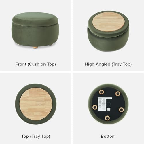 mopio Luna Round Ottoman with Storage and Tray, Round Coffee Table with Storage, Upholstered Foot Stools Ottoman for Living Room, Bedroom, with Solid Rubberwood Legs (Olive Green Premium Velvet) - color: Green Velvet, Round