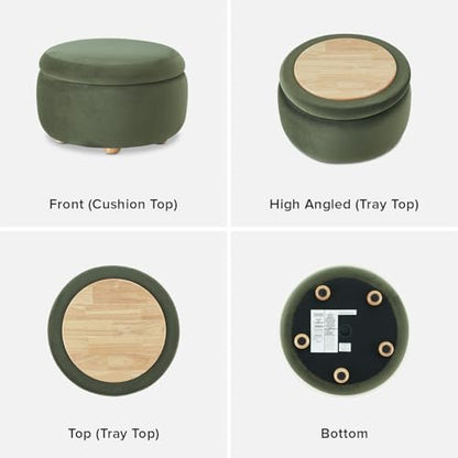 mopio Luna Round Ottoman with Storage and Tray, Round Coffee Table with Storage, Upholstered Foot Stools Ottoman for Living Room, Bedroom, with Solid Rubberwood Legs (Olive Green Premium Velvet) - color: Green Velvet, Round