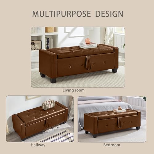 Storage Bench, 48‘’ Upholstered PU Leather Ottoman Bench with Button-Tufted, Folding Bedroom Bench with Wood Legs, Entryway Bench for Bedroom, Brown - color: Brown