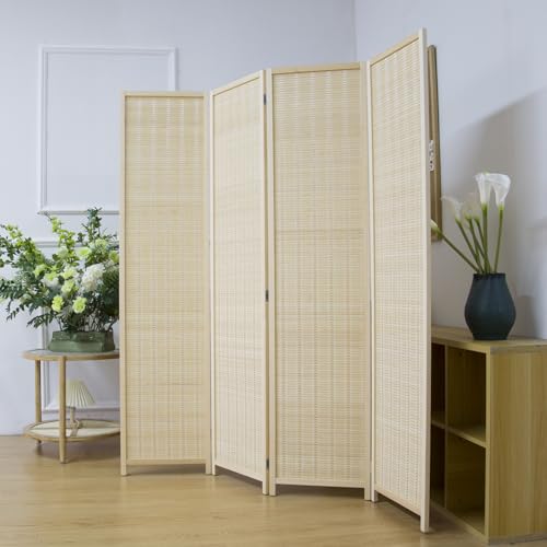 4 Panel Bamboo Room Divider Screen,5.6 FT Tall Bamboo Divider Folding Privacy Screen,Freestanding Panel Divider for Room Seperation,Beige - color: Beige, size: 4 Panel