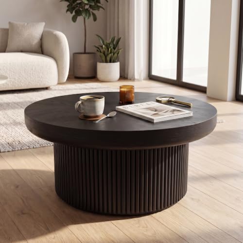 33.5" Round Coffee Table with Real Wood Parquet Top,Black | Mid-Century Modern Tea Table Center Table, Thickened Tabletop, Sturdy Base for living Room, Easy Assembly - color: E-33.5" Black