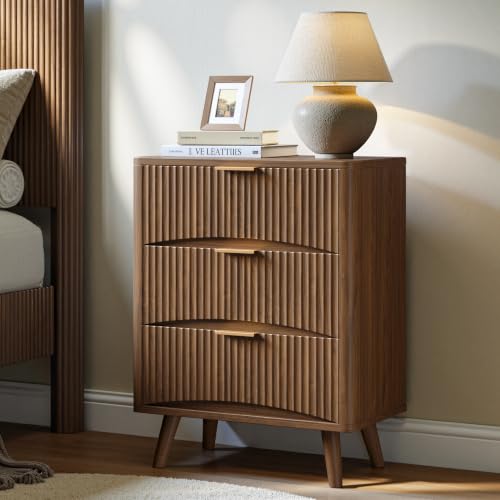 Evermagin 29" Tall Fluted Nightstand Set of 2 with 3 Drawers | Walnut Night Stand, Wooden Bedside Table, Mid Century Modern Side Table for Bedroom, livingroom - color: Walnut, size: 13.78"D x 23.62"W x 29.35"H (3 Drawers)