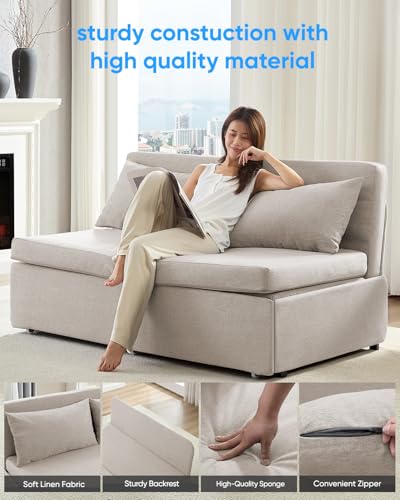 64.2" Queen Size Pull Out Sofa Bed，3-in-1 Linen Convertible Sleeper Sofa Bed,Loveseat Pullout Bed with Pillows and Tri-fold Mattress for Small Space/Bedroom,Beige - color: Beige, size: Queen