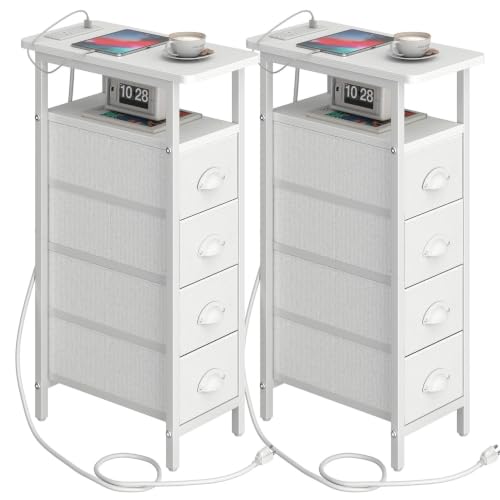 sthmec Nightstand with Charging Station, Narrow Night Stand Set of 2 with 4 Drawers, Skinny Side Table with Fabric Drawers,Slim Sofa Couch Tables for Small Spaces,Living Room,Bedroom, White - color: White, style: Power