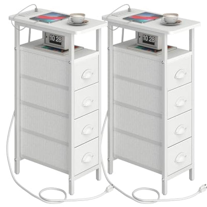sthmec Nightstand with Charging Station, Narrow Night Stand Set of 2 with 4 Drawers, Skinny Side Table with Fabric Drawers,Slim Sofa Couch Tables for Small Spaces,Living Room,Bedroom, White - color: White, style: Power
