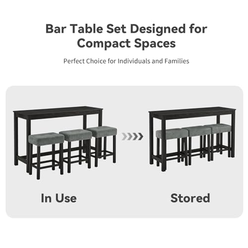 59" Industrial 4 Piece Bar Table Set with Built-in Power Outlet, Behind Couch Sofa Table with 3 Linen Upholstered Stools, Bar Table and Chairs Set for Living Room, Dining Room, Lounge, Black - color: R2-black