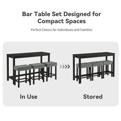 59" Industrial 4 Piece Bar Table Set with Built-in Power Outlet, Behind Couch Sofa Table with 3 Linen Upholstered Stools, Bar Table and Chairs Set for Living Room, Dining Room, Lounge, Black - color: R2-black