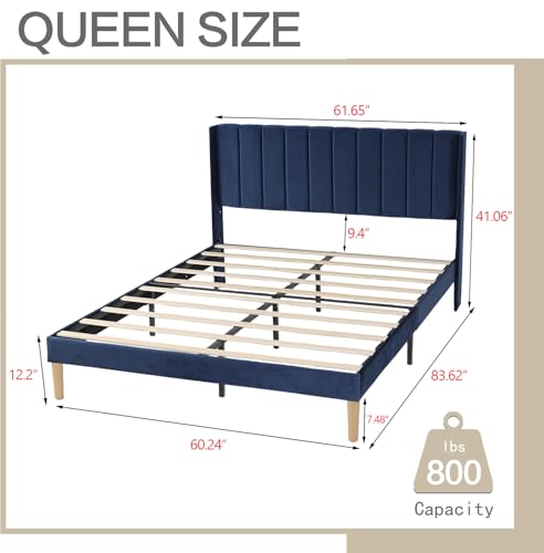 AGARTT Upholstered Platform Bed Frame Queen Size, Blue Velvet | Headboard and Footboard/Wooden Slats Support/No Box Spring Needed/Easy Assembly - color: Blue Velvet, size: Queen