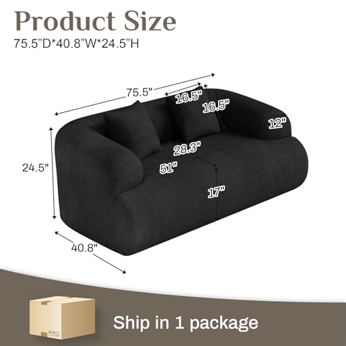 75" Boneless Cloud Loveseat, Modern Cute Curved Chenille Sofa, 2 Seater Compression Couch with 2 Pillows, No Assembly Required for Apartment Living Room, Black - color: Black, size: 75''