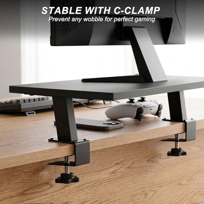 15-Inch Desktop Clamp-on Shelf & Monitor Riser, 2-in-1 Reversible Design – Fits Either Side of Desk, C-Clamp for Stability, Holds 44 lbs, for Gaming PC, Console & Office Setup - size: 15-INCH