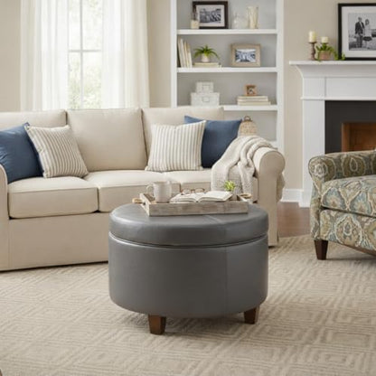 HomePop Round Leatherette Storage Ottoman with Lid, Charcoal Grey Large - color: Gray Faux Leather