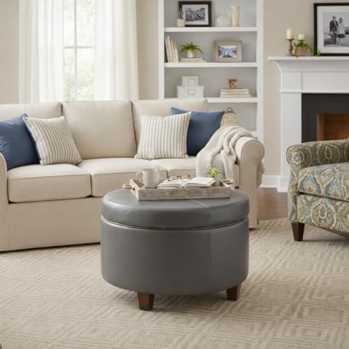 HomePop Round Leatherette Storage Ottoman with Lid, Charcoal Grey Large - color: Gray Faux Leather