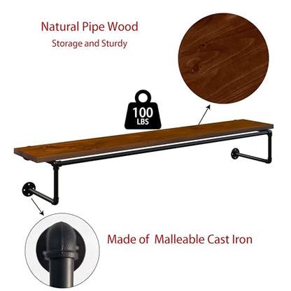 Clothes Rack 60in, Wall Mounted Garment Racks with Real Walnut Wood Shelf, Heavy Duty Hanging Clothes Rack, Multi-Purpose Hanging Rod, Space-Saving Closet Storage - color: Walnut, size: 1T60IN