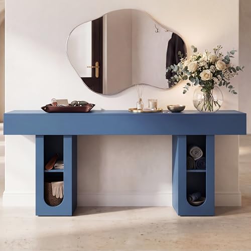 Console Table with Outlet, Entryway Table, Sofa Table with Storage Shelves, 63 Inch Hallway Table, Blue MDF Behind Couch Table for Living Room - color: Blue