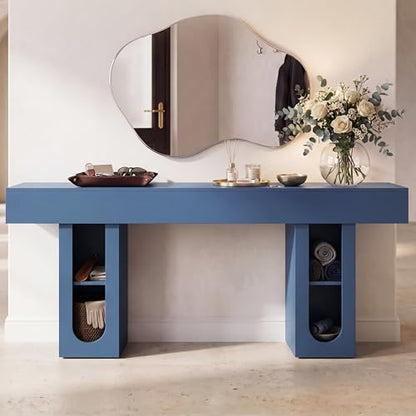Console Table with Outlet, Entryway Table, Sofa Table with Storage Shelves, 63 Inch Hallway Table, Blue MDF Behind Couch Table for Living Room - color: Blue
