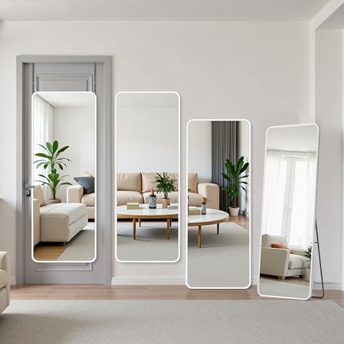 Suidia Full Length Mirror Over the Door&Wall Mounted, 48"x14" Door Mirror with Aluminum Alloy Frame, HD Shatterproof, No-Drill, Hanging Mirrors for Bedroom, Bathroom, Dorm, Closet, Rounded Rect, White - color: White, size: 48"L x 14"W, style: Rounded Rect