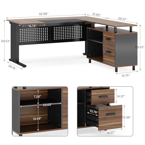 Tribesigns 63 Inch Executive Desk with Filing Cabinet, L Shaped Office Desk | Large Office Desk with File Drawer, L Shaped Desk with Storage, Computer Desk for Home Office, Easy Assembly, Brown and Black - color: Brown and Black