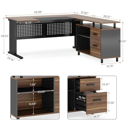 Tribesigns 63 Inch Executive Desk with Filing Cabinet, L Shaped Office Desk | Large Office Desk with File Drawer, L Shaped Desk with Storage, Computer Desk for Home Office, Easy Assembly, Brown and Black - color: Brown and Black