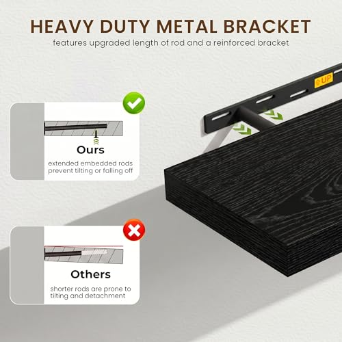 20 Inch Floating Shelves, 12'' Deep Black Shelves for Wall Set of 2 | Invisible Brackets, Engineered Wood, Mounting Hardware Included, 35LBS, Bathroom, Laundry Room, Kitchen, Living Room - color: Black, size: 20W x 11.6D x 2H, 2 Pack