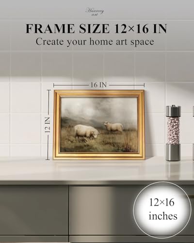 HUARCEY Vintage Gold Framed Sheep Herding Canvas Wall Print Art 12"X16" | Abstract Autumn Animal Oil Painting, Pastoral Landscape Lamb Meadow Artwork Rustic Country Farm Decor For Living Room Bedroom - color: Sheep on the Fields, size: 16"L x 12"W