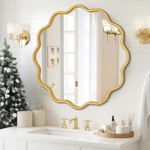 PROHOMEWARE Gold Round Mirror 28 Inch Wavy Bathroom Vanity Mirror Gold Frame Modern Wall Mirror Decorative Wall-Mounte Anti-Rust, Tempered Glass - color: Gold, size: 28"L x 28"W