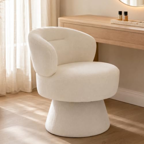 360° Swivel Vanity Chair, Chenille Barrel Accent Chair, Cream | Soft chenille, wraparound back, cushioned seat and 360° swivel for vanity, bedroom, dressing room or small living spaces - color: White 01, size: 1 Chair