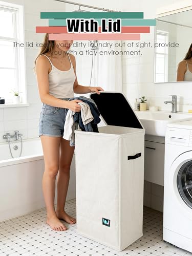 WTREE Laundry Hamper with Lid, Reinforced Sturdy Clothes Hamper with Anti-Puncture Base, Large Collapsible Laundry Basket with Removable Liner Bag, Tall Dirty Clothes Bin for Family, 100L Cream - color: Cream